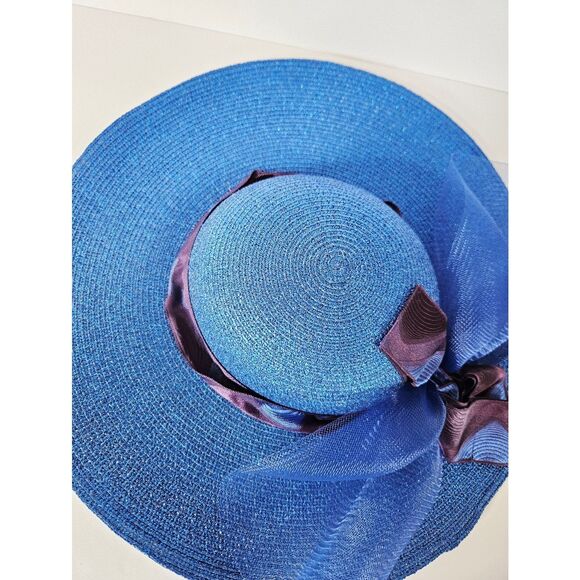 Vintage Georgi Sapphire Blue Straw Raffia Wide Brim Bow Accent Boater Derby Hat main image 7